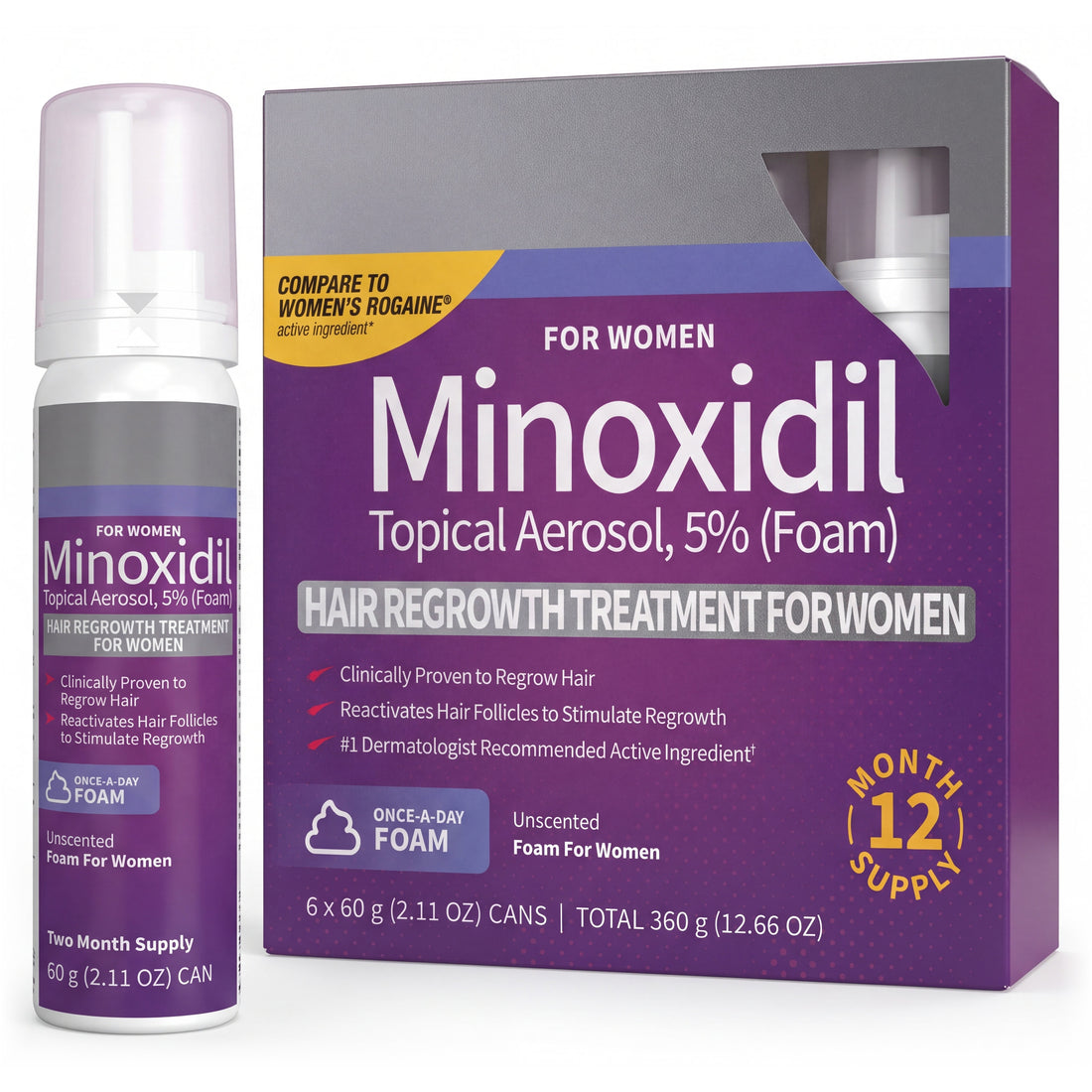 Kirkland Signature Minoxidil -vaahto 5% naisille - pakkaus ja tölkki