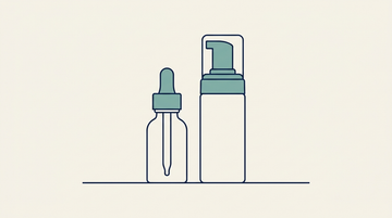 Platte vectorillustratie van een minoxidil druppelflesje en een Foam bus naast elkaar staand