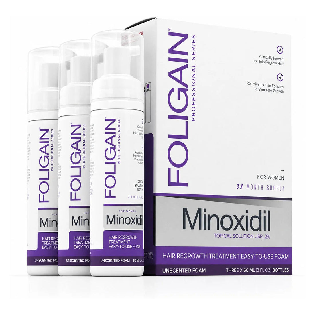 Foligain Minoxidil Foam 2% for Women - 3 Month Supply — product packaging on white background