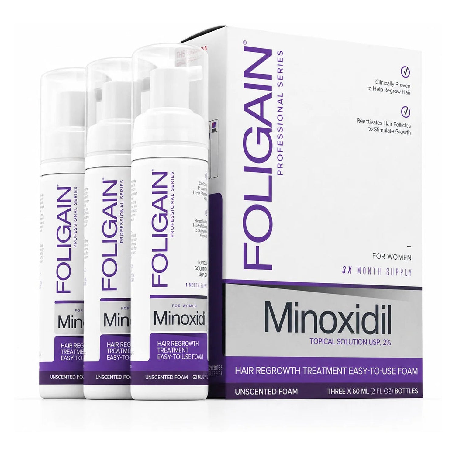 Espuma Foligain Minoxidil 2% para Mulheres - Suprimento para 3 Meses — embalagem do produto em fundo branco
