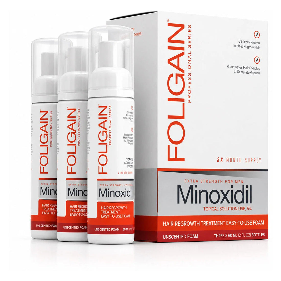 Foligain Minoxidil Foam 5% for Men - 3 Month Supply — product packaging on white background