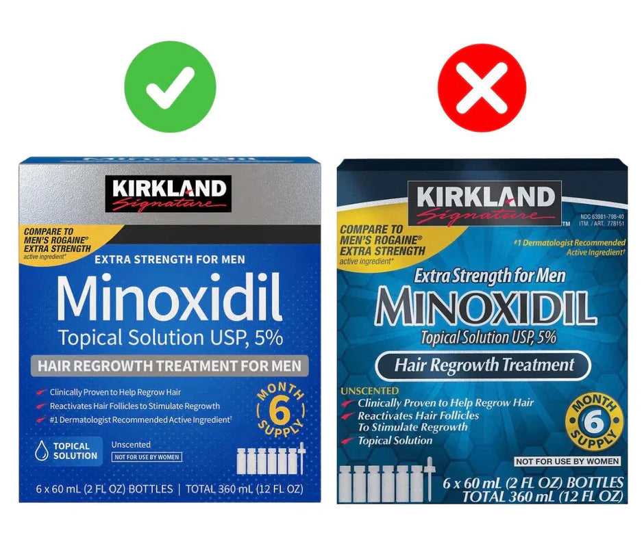 Green check mark over the new Kirkland minoxidil box next to a red X over the old box design