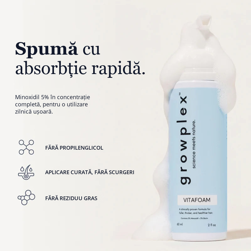 Growplex VitaFoam - spumă minoxidil 5% cu absorbție rapidă