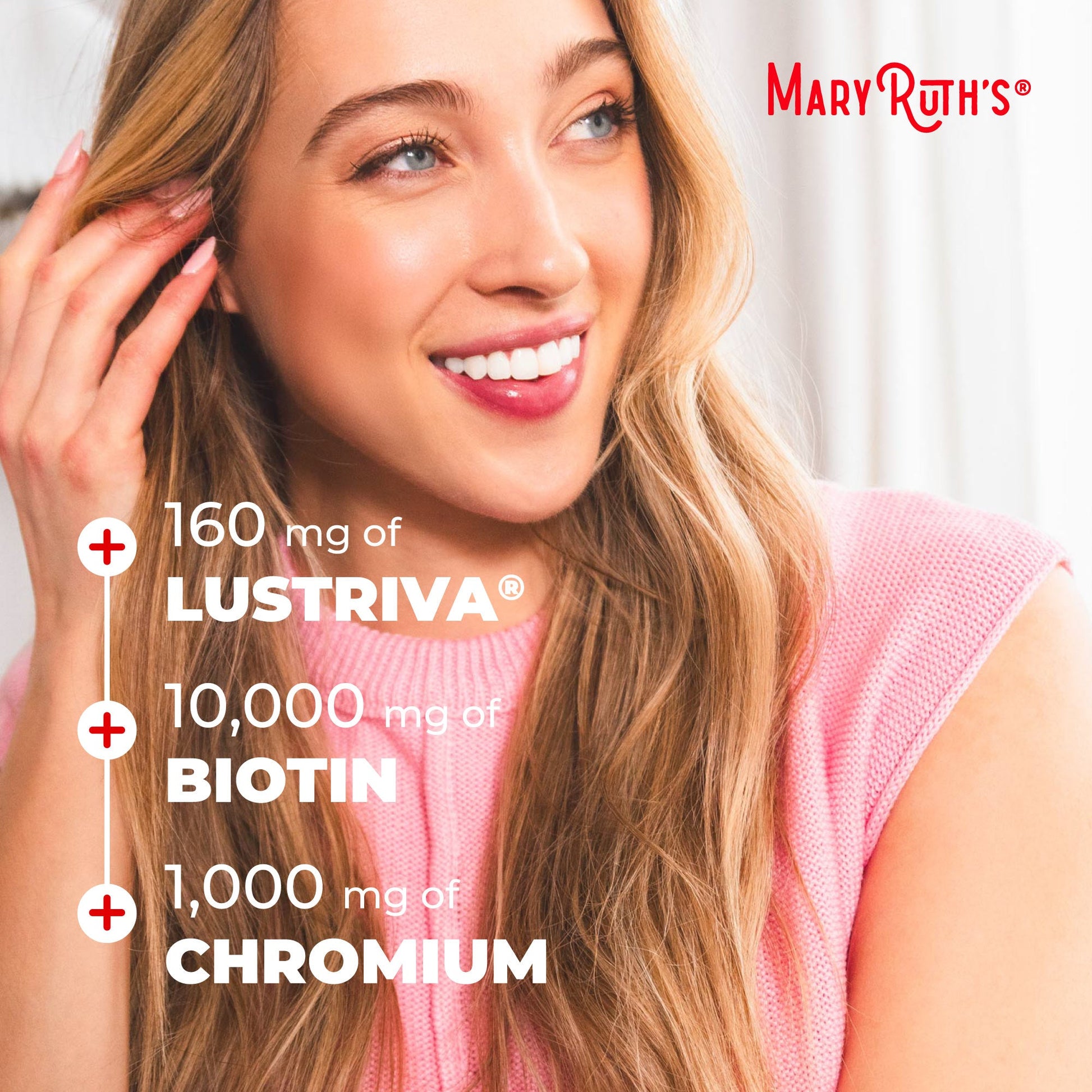 MaryRuth Organics panel listing Lustriva, biotin and chromium per serving