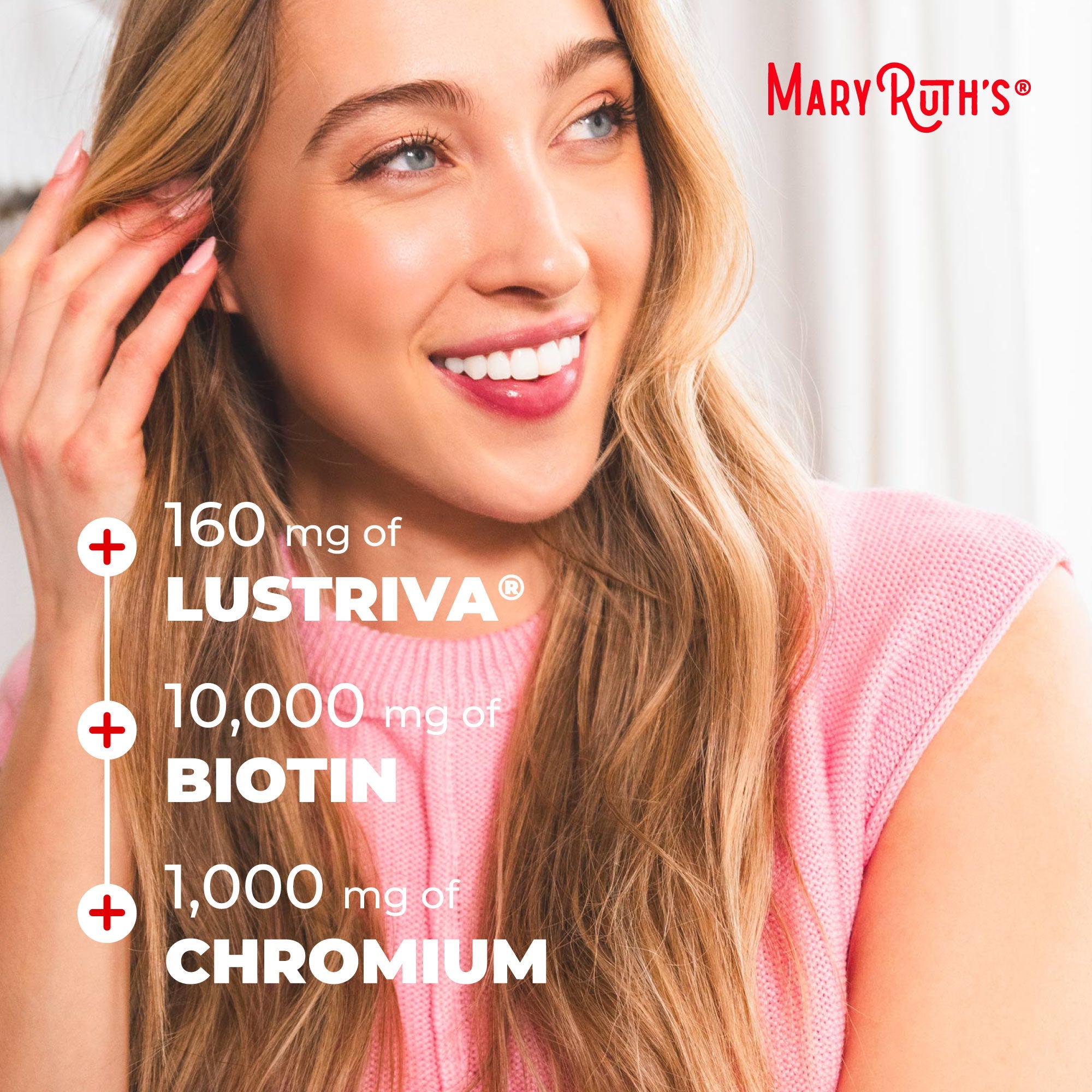 MaryRuth Organics panel listing Lustriva, biotin and chromium per serving