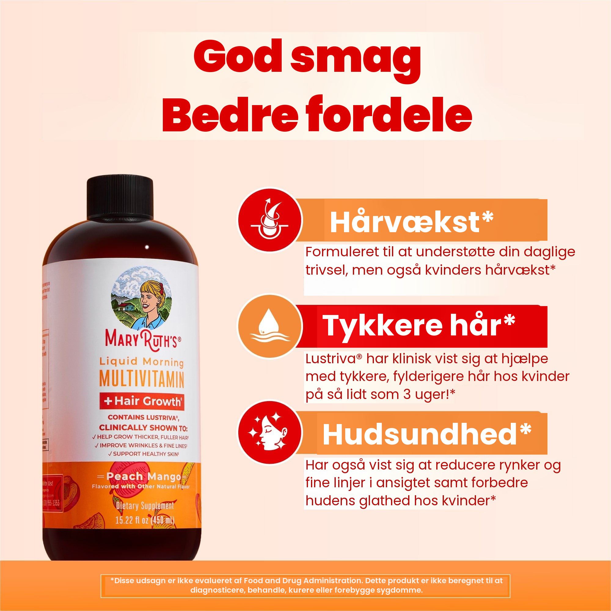 Fersken-mango-flasken ved siden af MaryRuths paneler for hårvækst, tykkere hår og sund hud