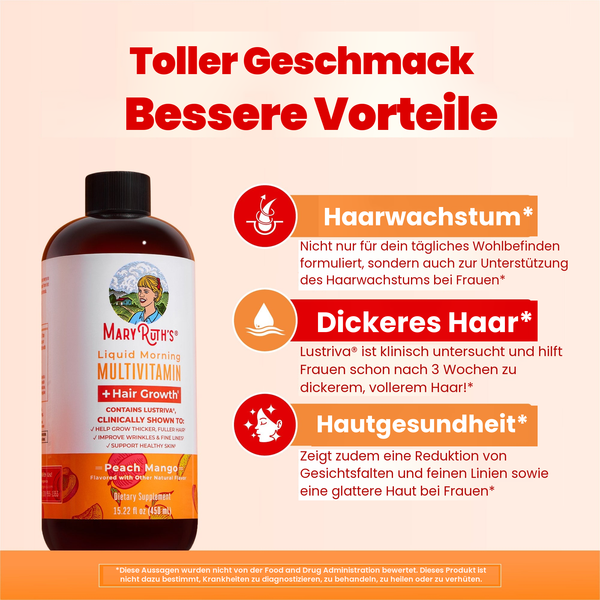 Pfirsich-Mango-Flasche neben den MaryRuth Panels zu Haarwachstum, dickerem Haar und Hautgesundheit
