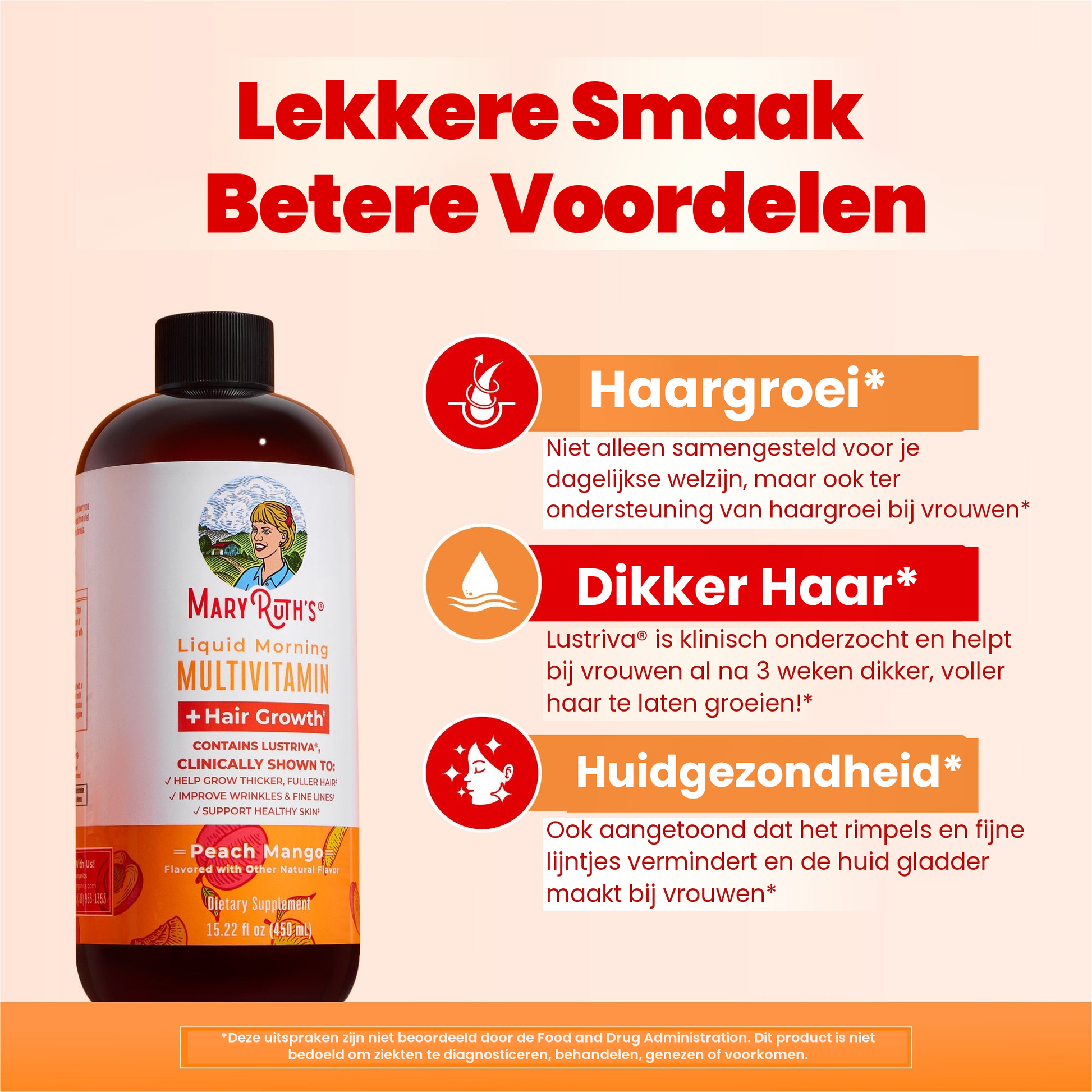 Fles perzik-mango naast de MaryRuth panelen over haargroei, dikker haar en huidgezondheid