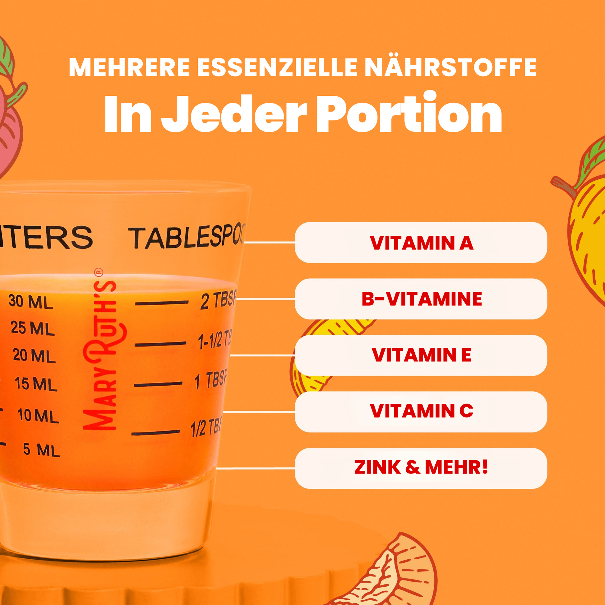Mehrere essenzielle Nährstoffe pro Portion von 2 Esslöffeln: Vitamin A, B-Vitamine, Vitamin E, Vitamin C und mehr
