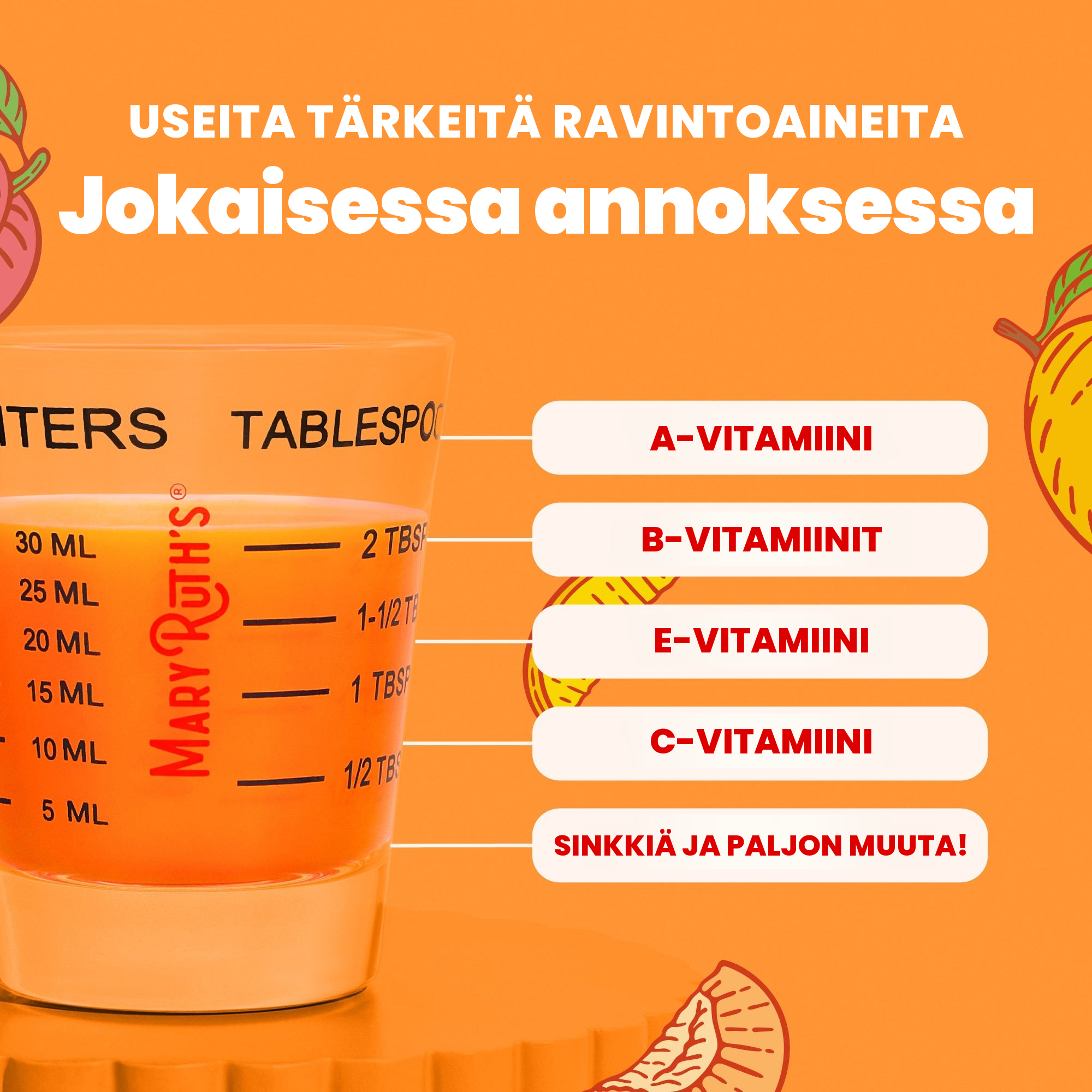 Useita tärkeitä ravintoaineita jokaisessa 2 ruokalusikallisen annoksessa: A-vitamiini, B-vitamiinit, E-vitamiini, C-vitamiini ja muita