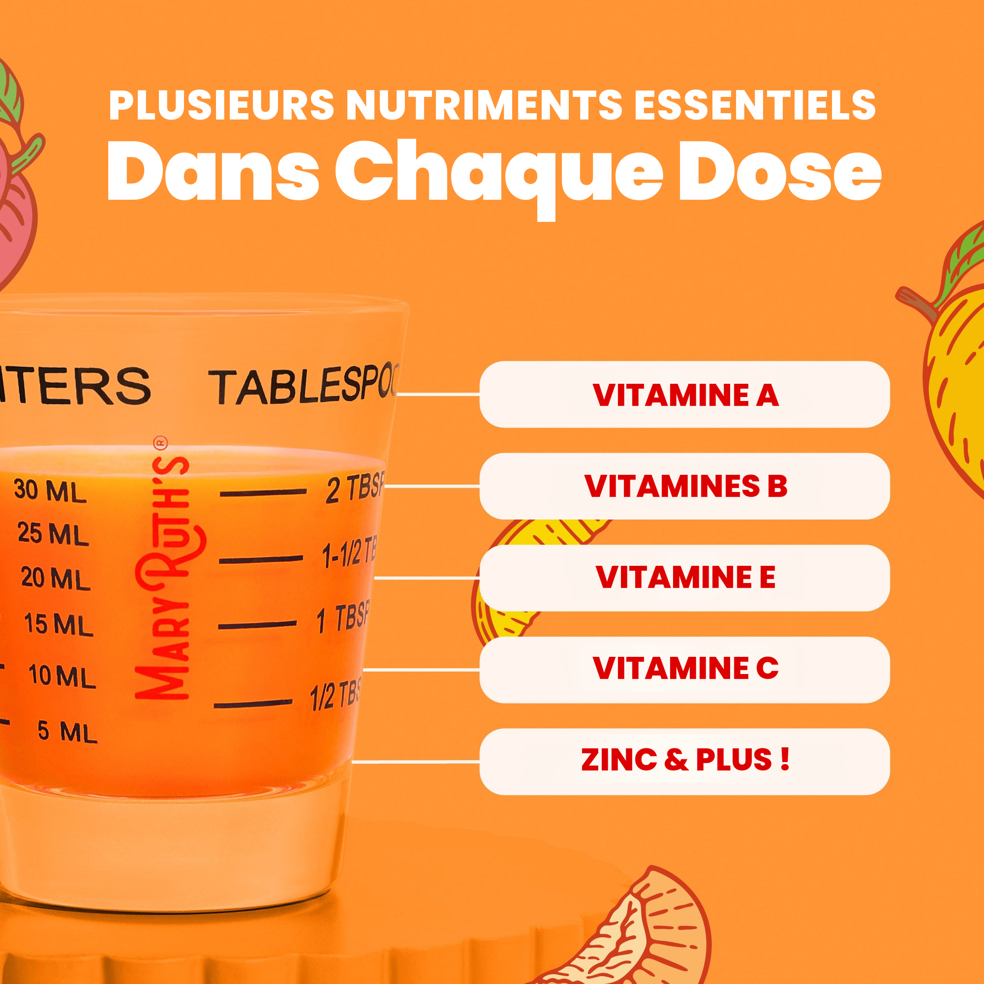Plusieurs nutriments essentiels par dose de 2 cuillères à soupe : vitamine A, vitamines B, vitamine E, vitamine C et plus