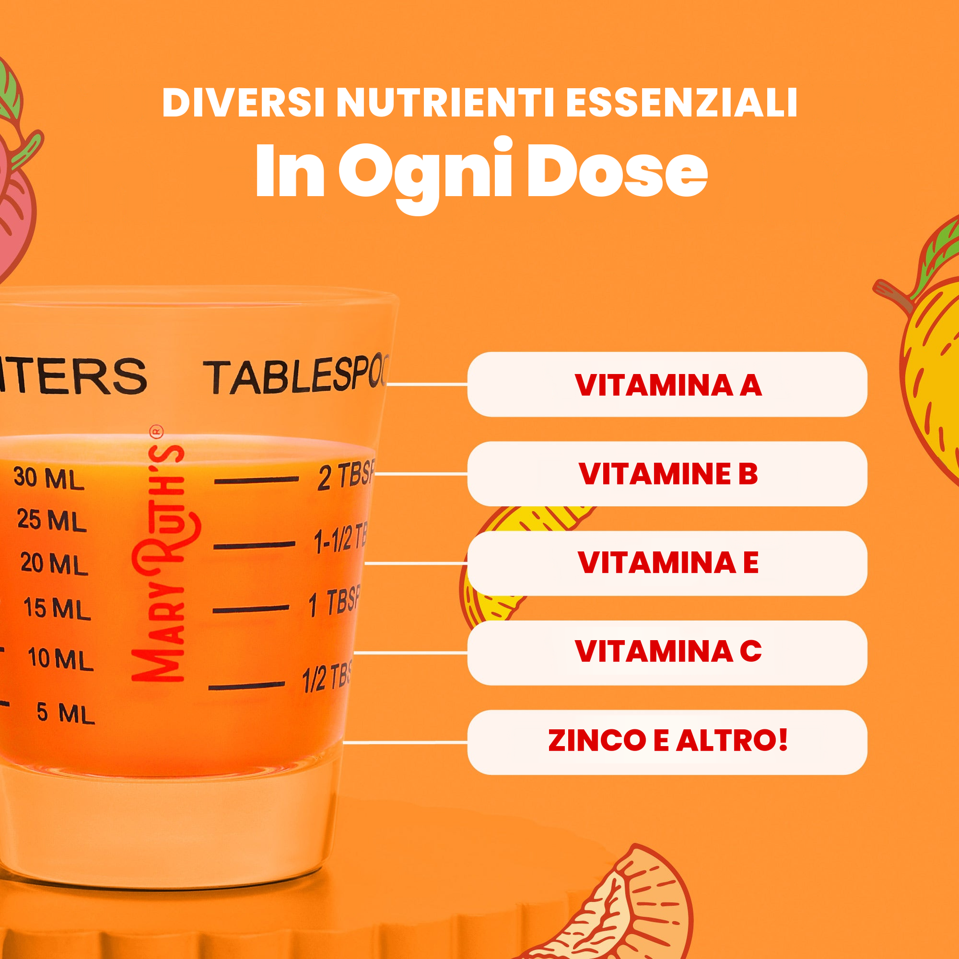 Diversi nutrienti essenziali per dose da 2 cucchiai: vitamina A, vitamine B, vitamina E, vitamina C e altro