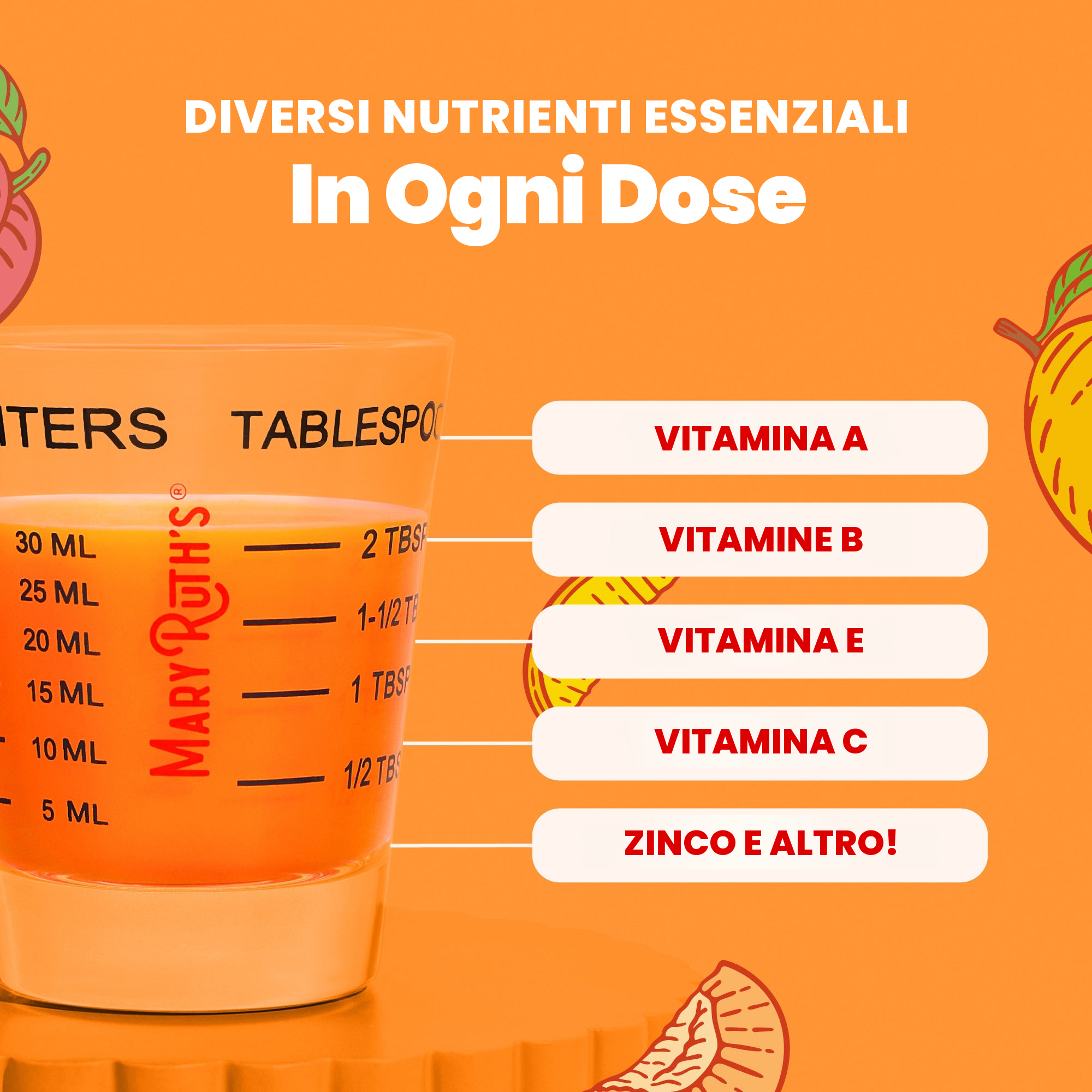 Diversi nutrienti essenziali per dose da 2 cucchiai: vitamina A, vitamine B, vitamina E, vitamina C e altro