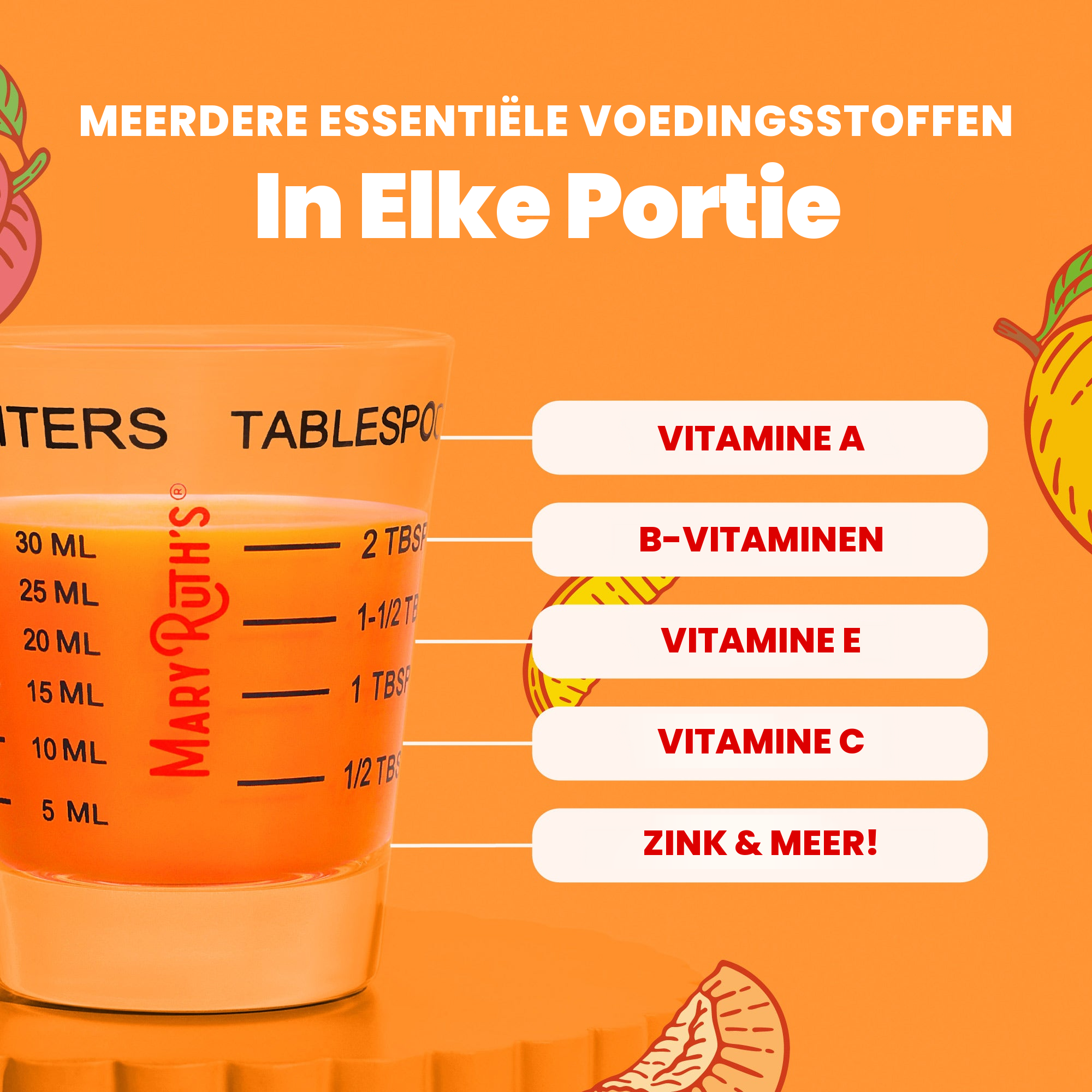 Meerdere essentiële voedingsstoffen per portie van 2 eetlepels: vitamine A, B-vitaminen, vitamine E, vitamine C en meer
