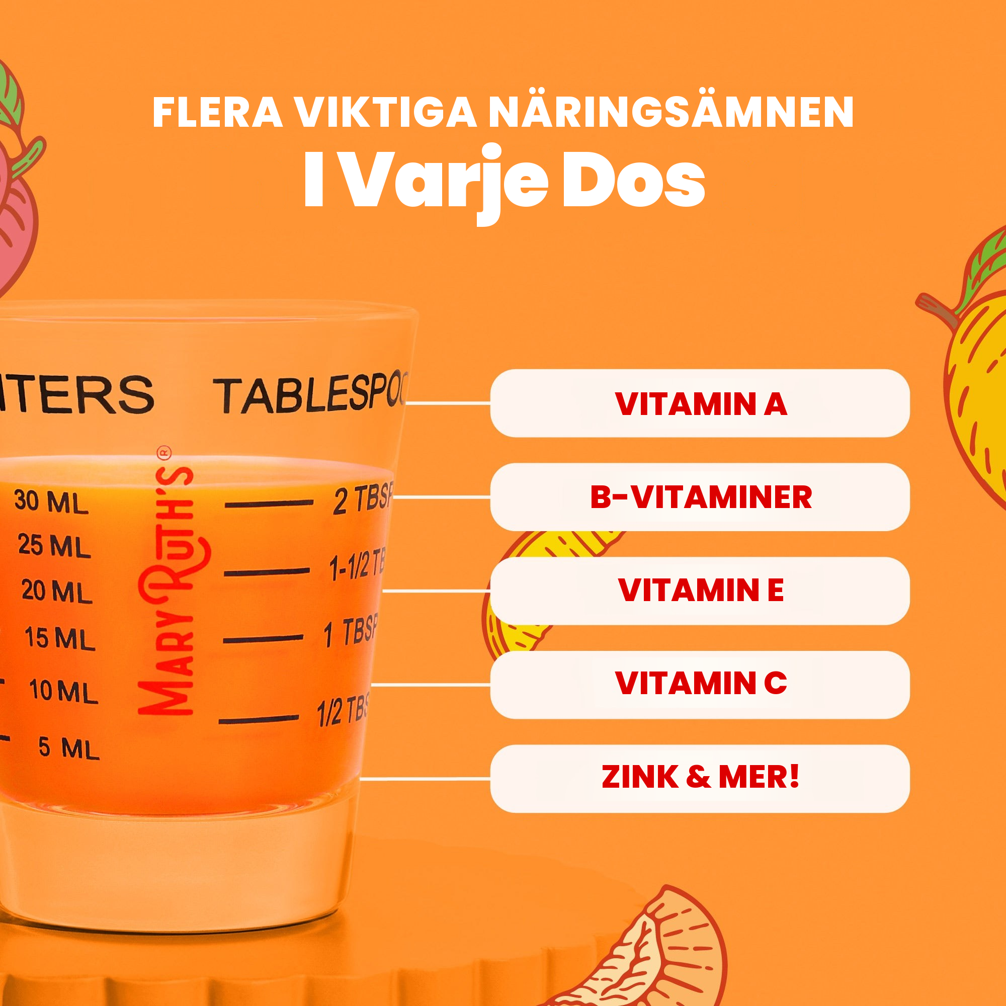 Flera essentiella näringsämnen i varje portion om 2 matskedar: vitamin A, B-vitaminer, vitamin E, vitamin C med mera