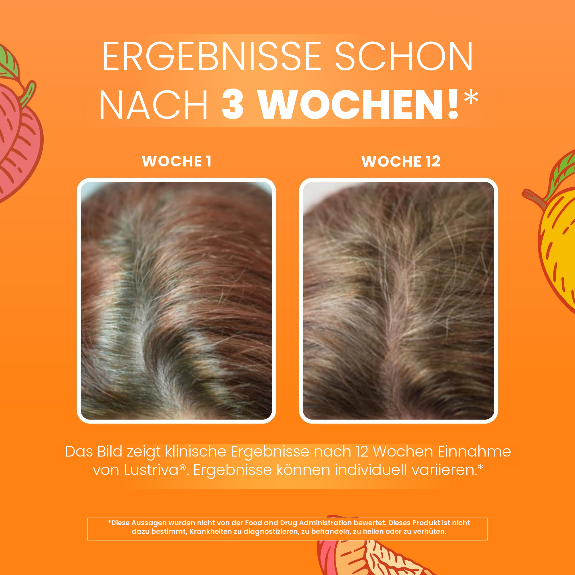 Klinische Aufnahmen von MaryRuth Organics zu Lustriva: Haar in Woche 1 neben Woche 12
