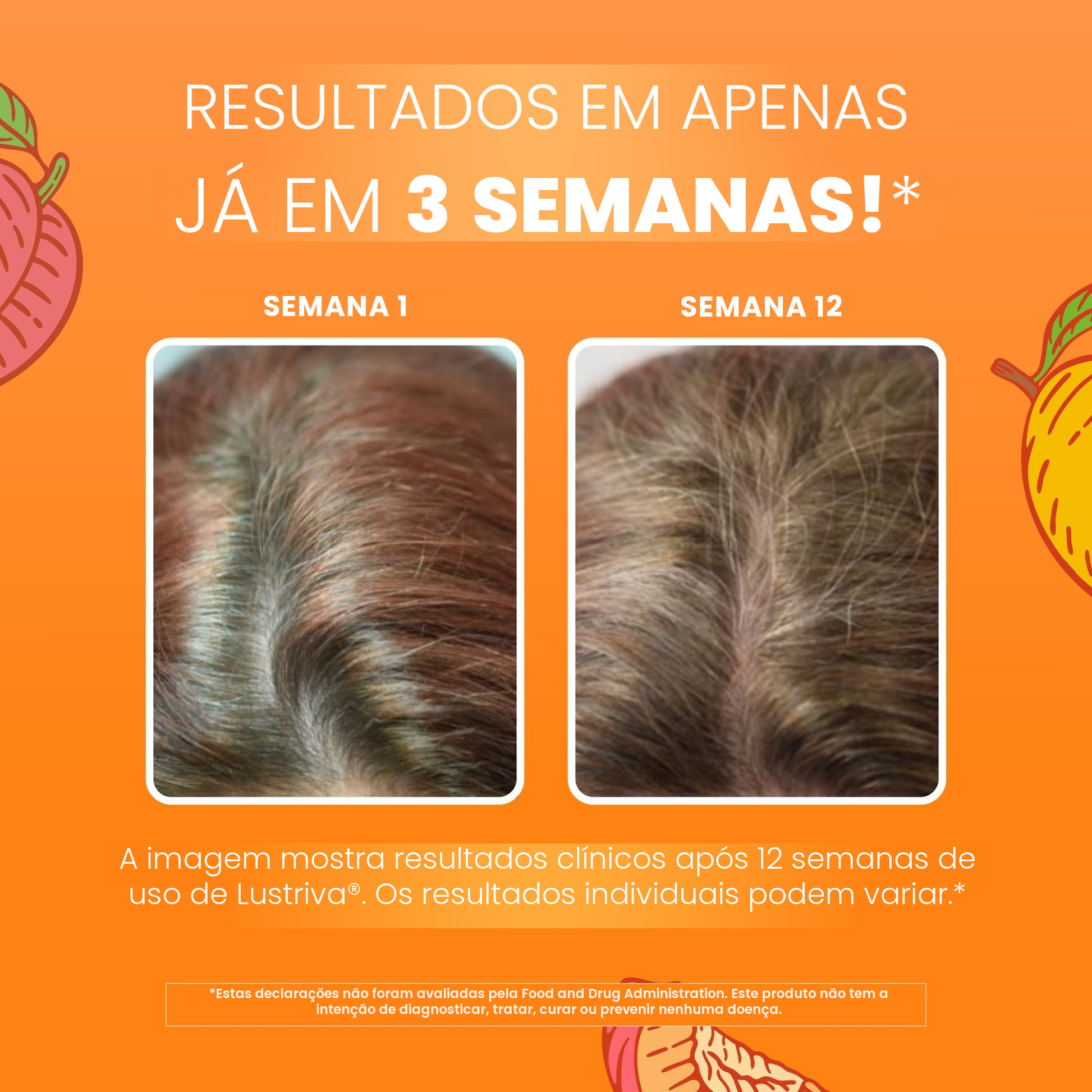 Imagens clínicas da MaryRuth Organics para Lustriva, mostrando o cabelo na semana 1 ao lado da semana 12