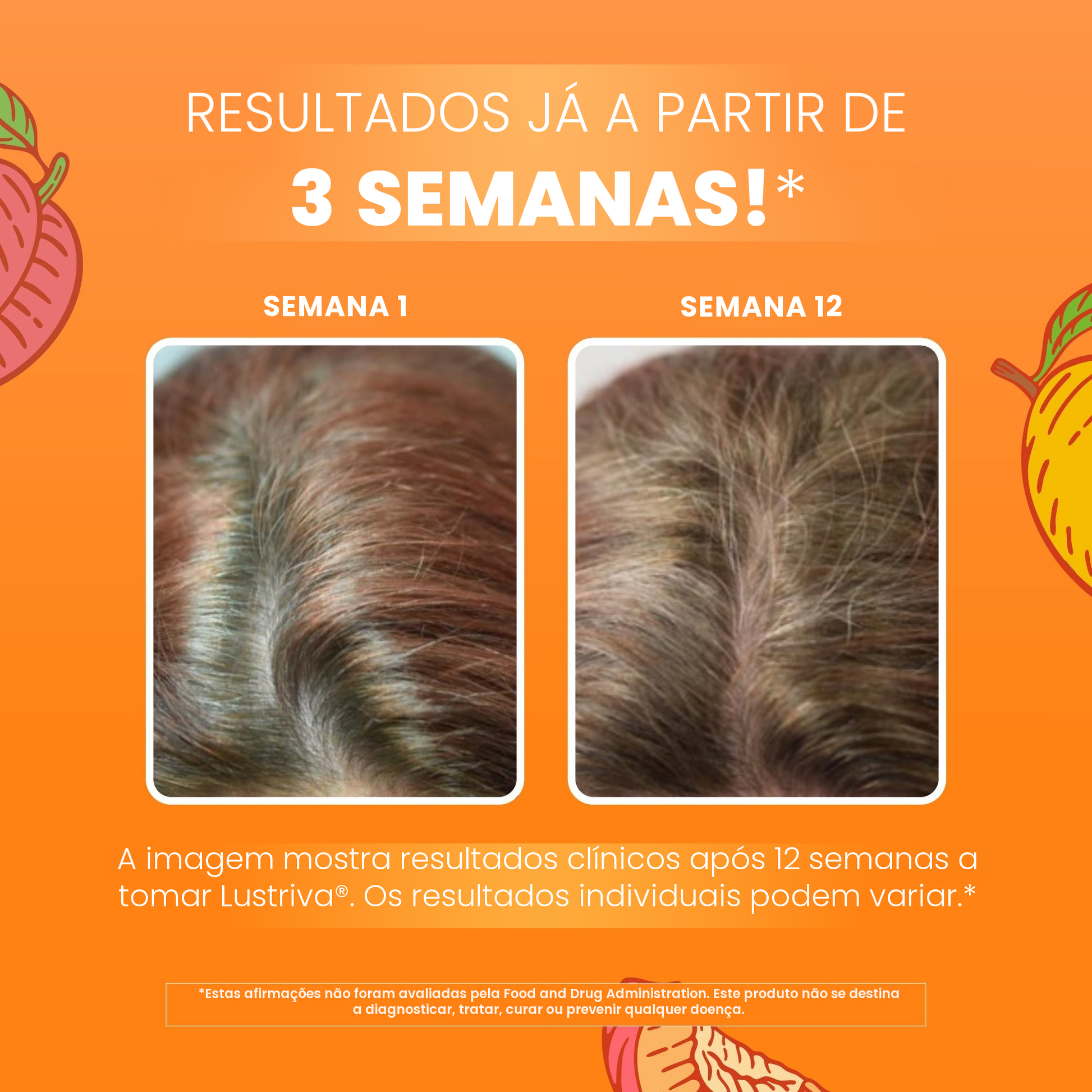 Imagens clínicas da MaryRuth Organics para o Lustriva, mostrando o cabelo na semana 1 e na semana 12