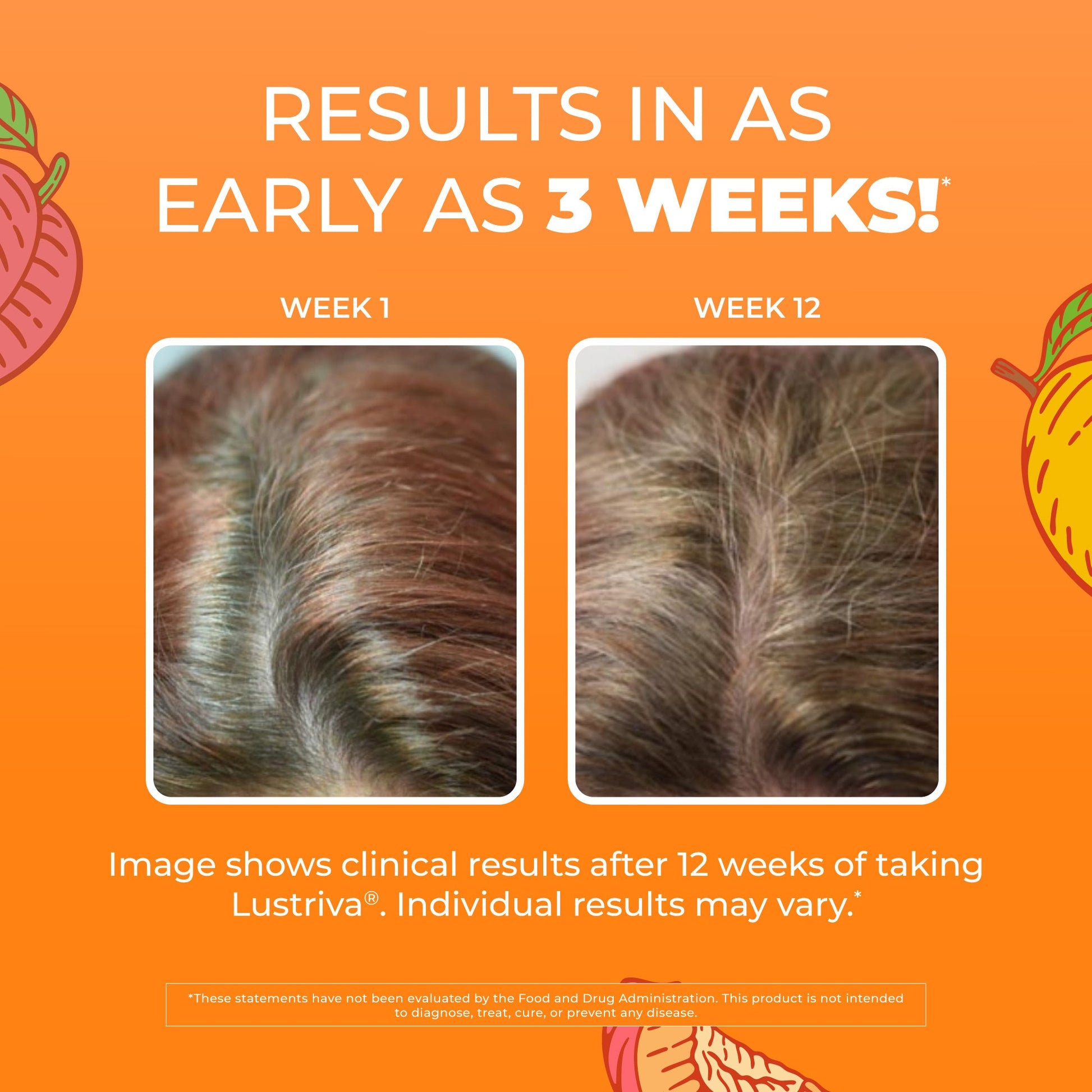 MaryRuth Organics clinical imagery for Lustriva, showing hair at week 1 beside week 12