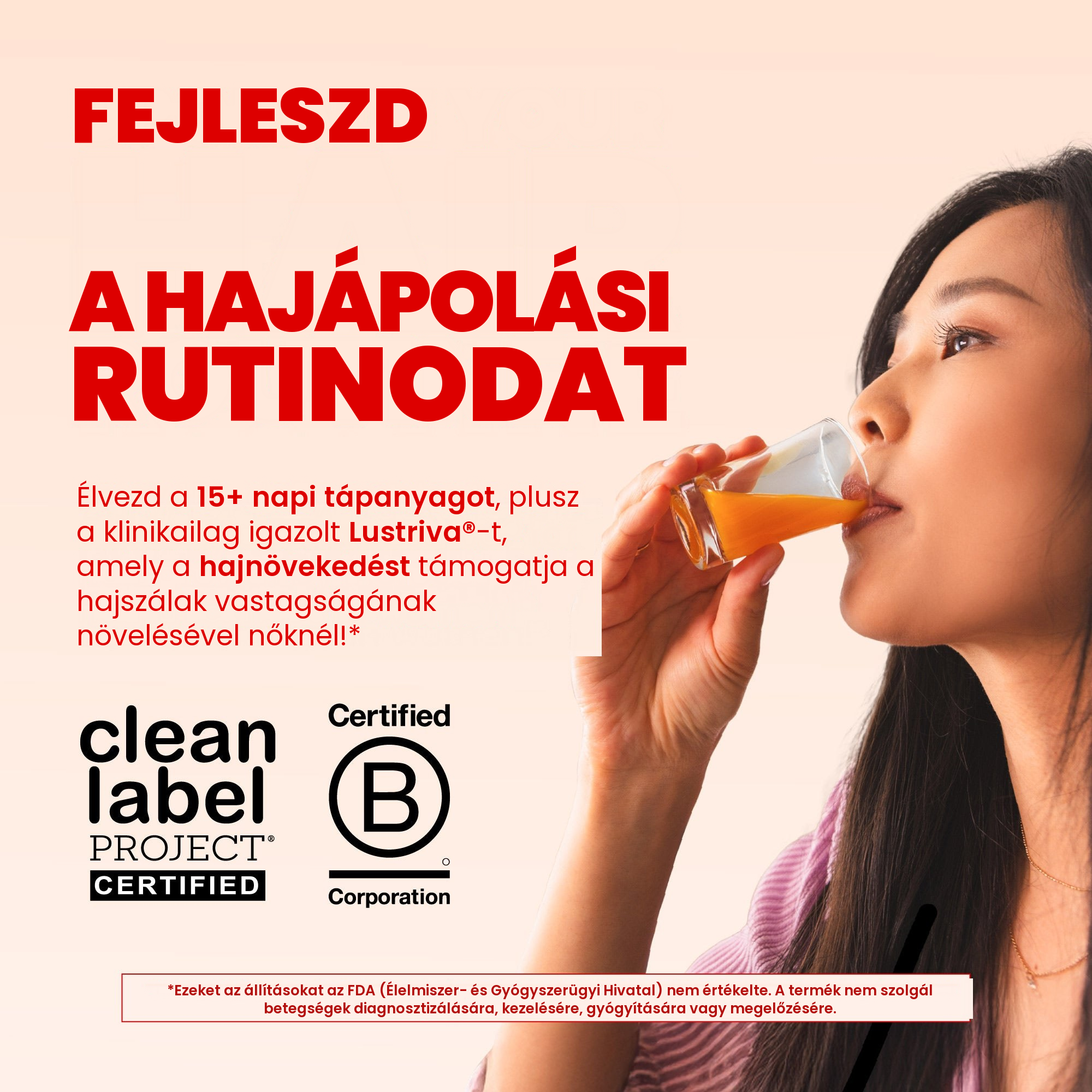 Nő issza a barack-mangó ízesítésű multivitamint, Clean Label Project és B Corp tanúsítvánnyal