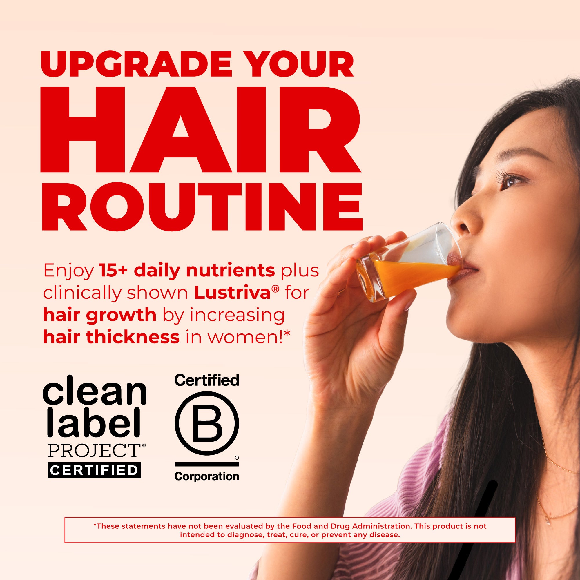 Woman drinking the peach mango multivitamin, with Clean Label Project Certified and Certified B Corporation marks