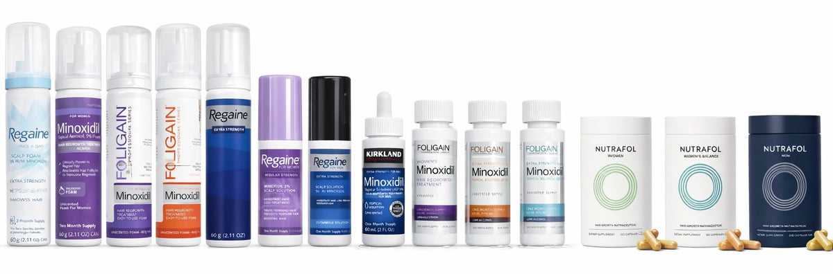Range of Regaine, Foligain and Kirkland minoxidil foams and solutions with Nutrafol supplement jars