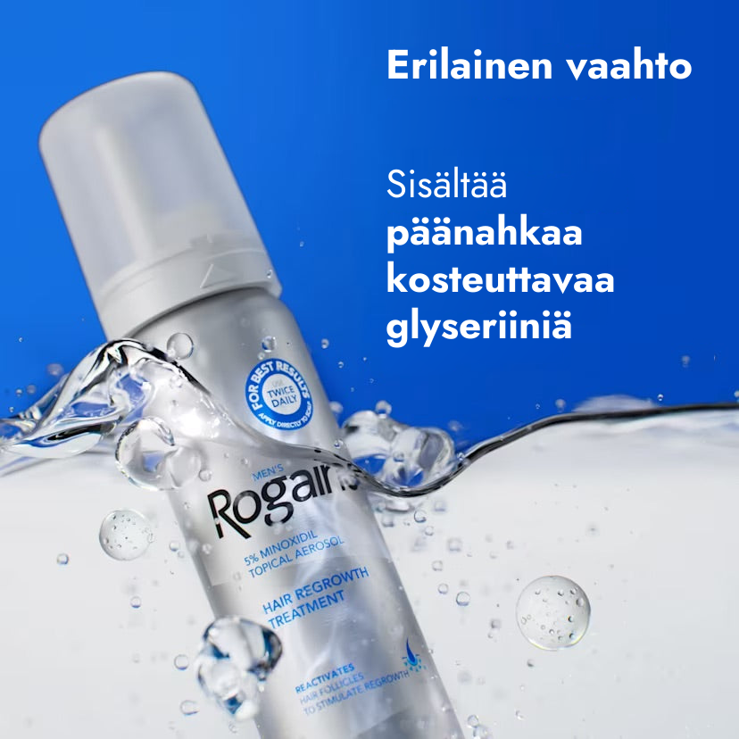 Rogaine Minoxidil Foam 5% miehille – vaahto, jossa päänahkaa kosteuttavaa glyseriiniä
