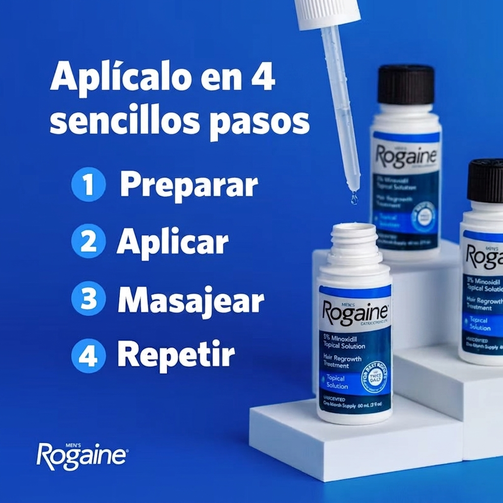 Rogaine Loción de Minoxidil 5% para Hombres - aplicar en 4 pasos sencillos