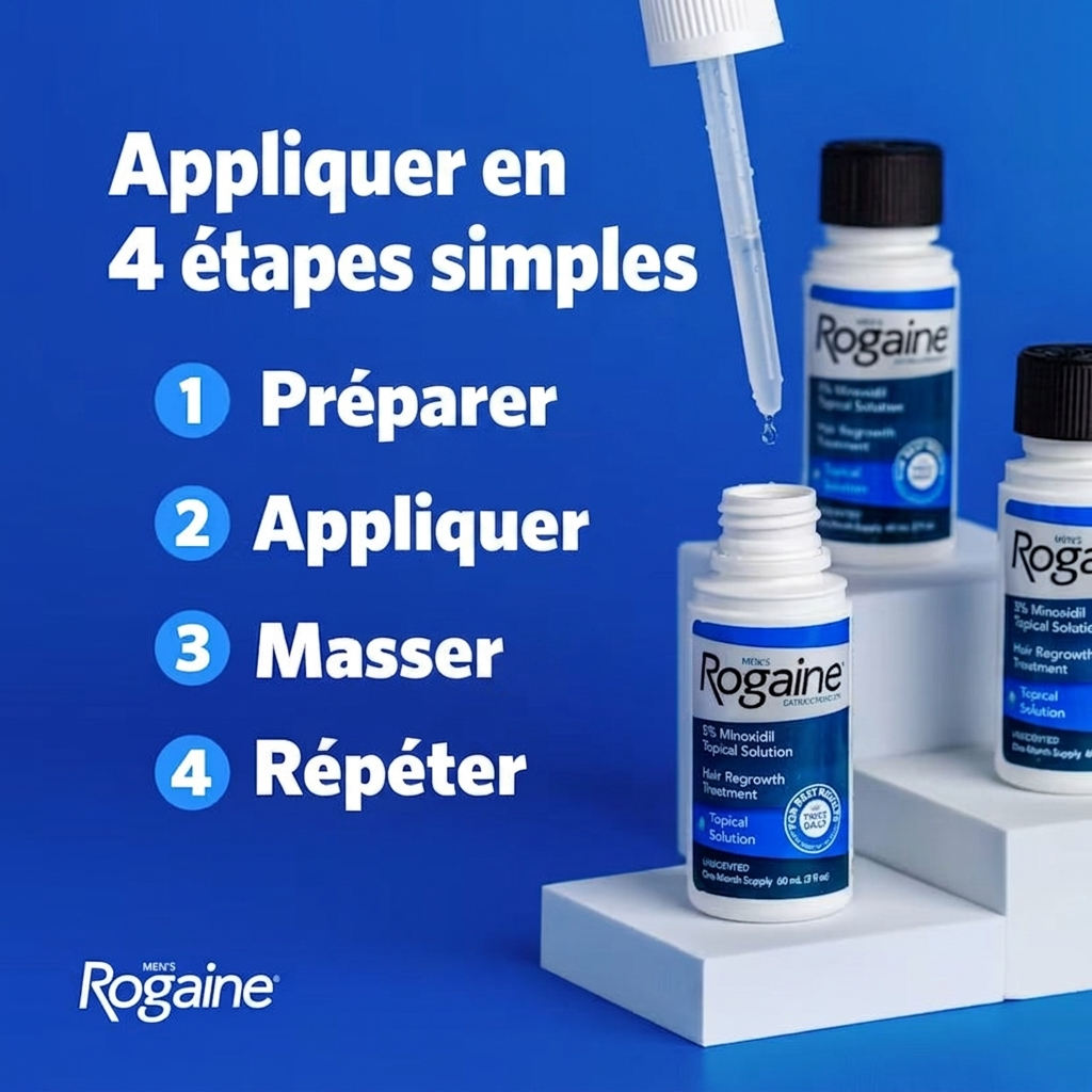 Rogaine Lotion Minoxidil 5% pour Hommes - appliquer en 4 étapes simples