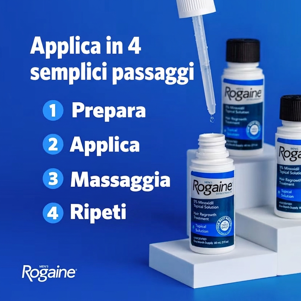 Rogaine Lozione Minoxidil 5% per Uomo - applicare in 4 semplici passaggi