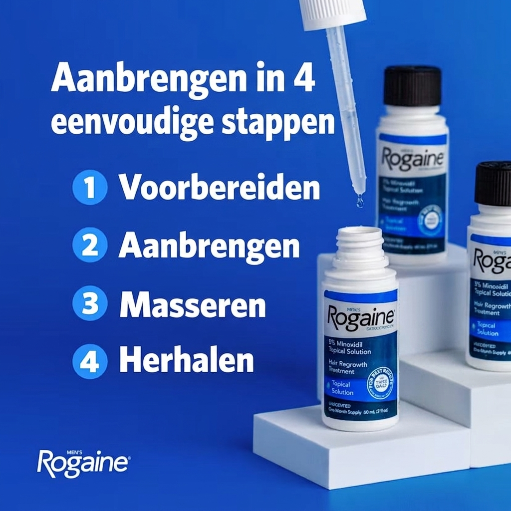 Rogaine Minoxidil Lotion 5% voor Mannen - aanbrengen in 4 eenvoudige stappen