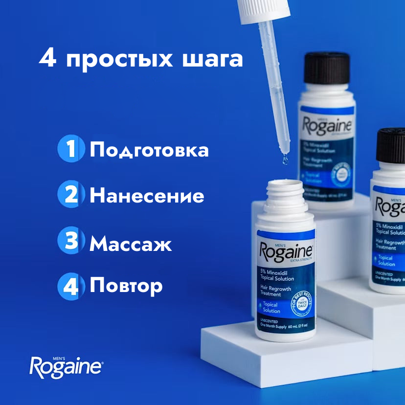 Раствор Rogaine с миноксидилом 5% для мужчин — нанесение в 4 простых шага