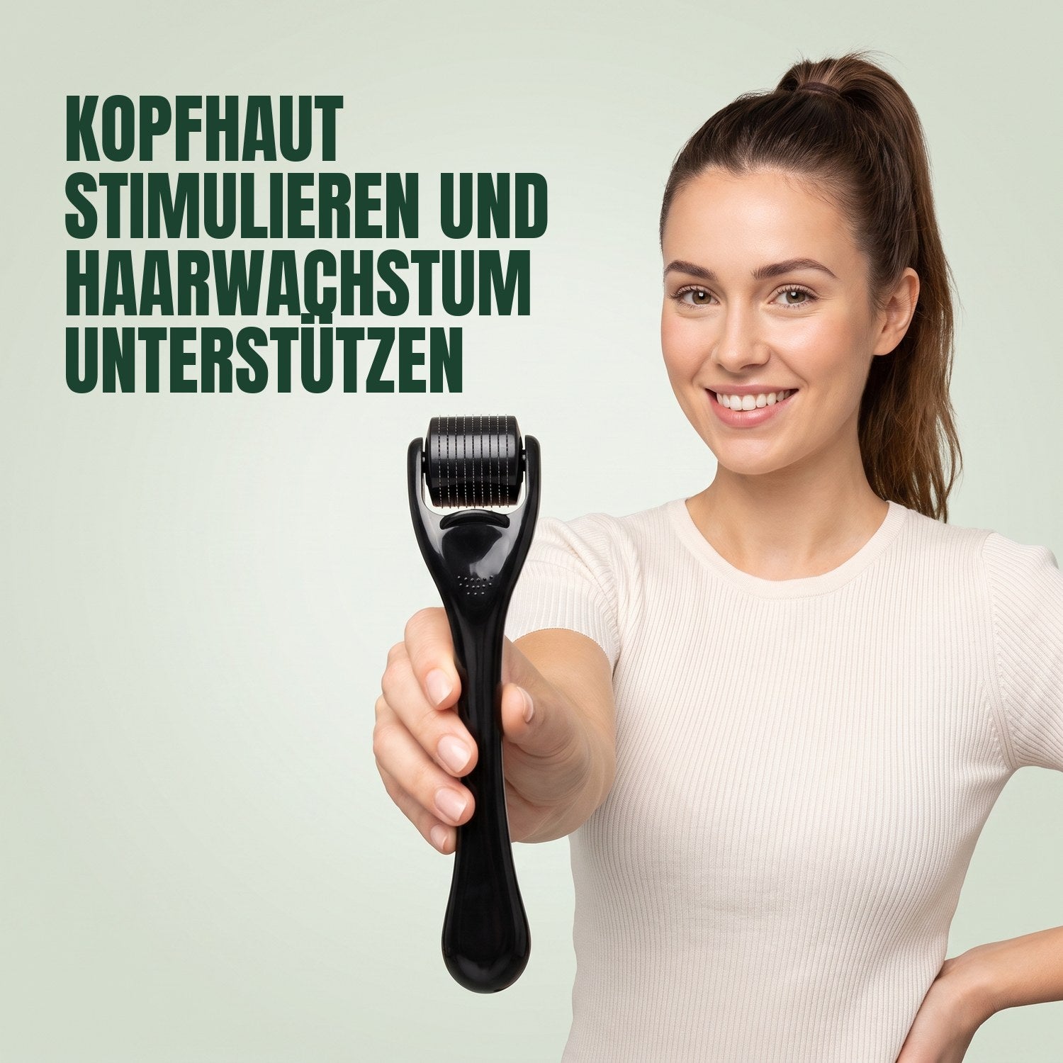 Woman holding a 540-needle dermaroller against a green background