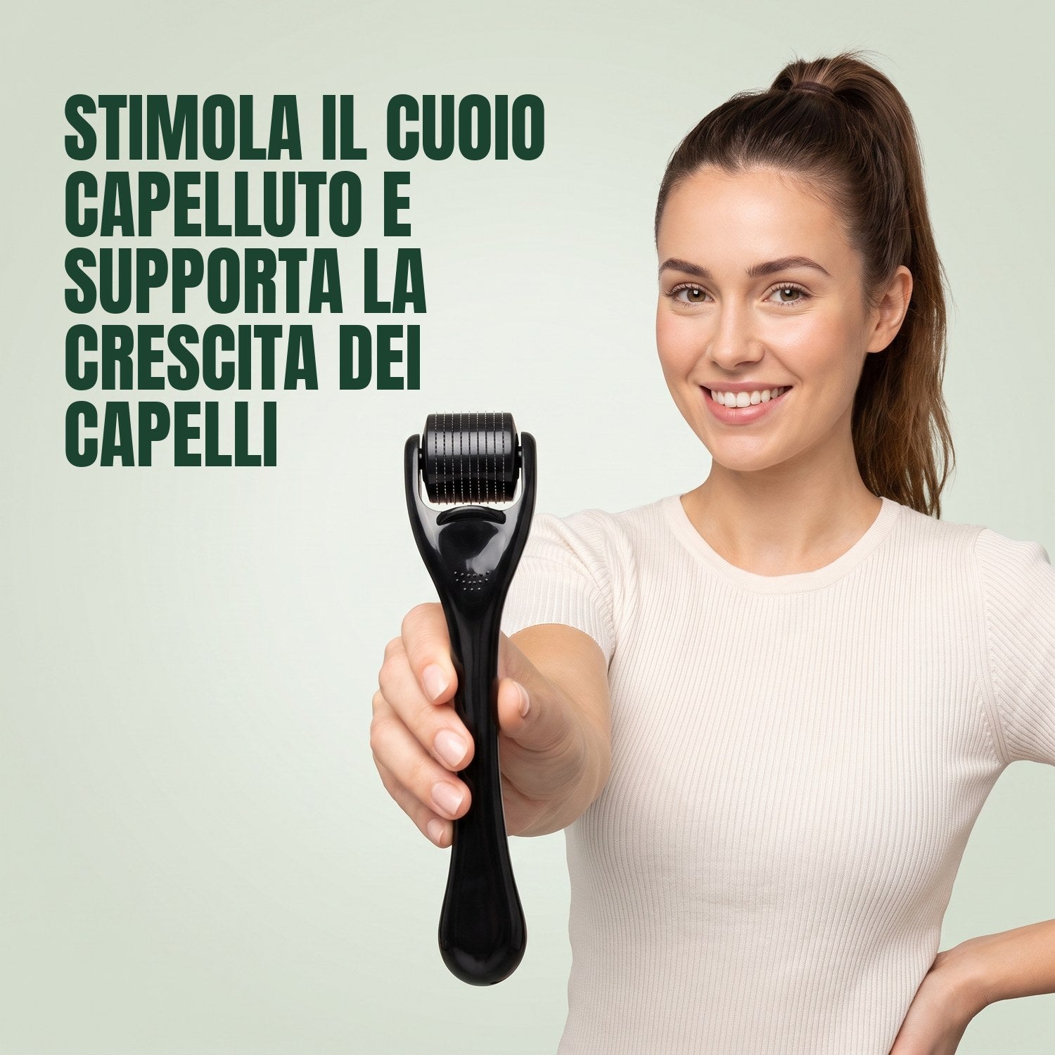 Woman holding a 540-needle dermaroller against a green background