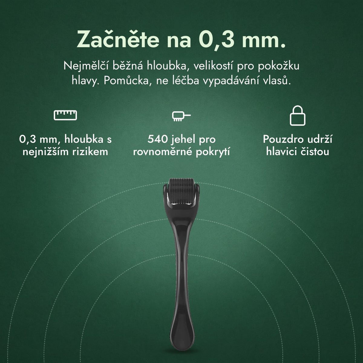 Dermaroller 540 jehel, 0,3 mm: Začněte na 0,3 mm. 0,3 mm, hloubka s nejnižším rizikem, 540 jehel pro rovnoměrné pokrytí, Pouzdro udrží hlavici čistou