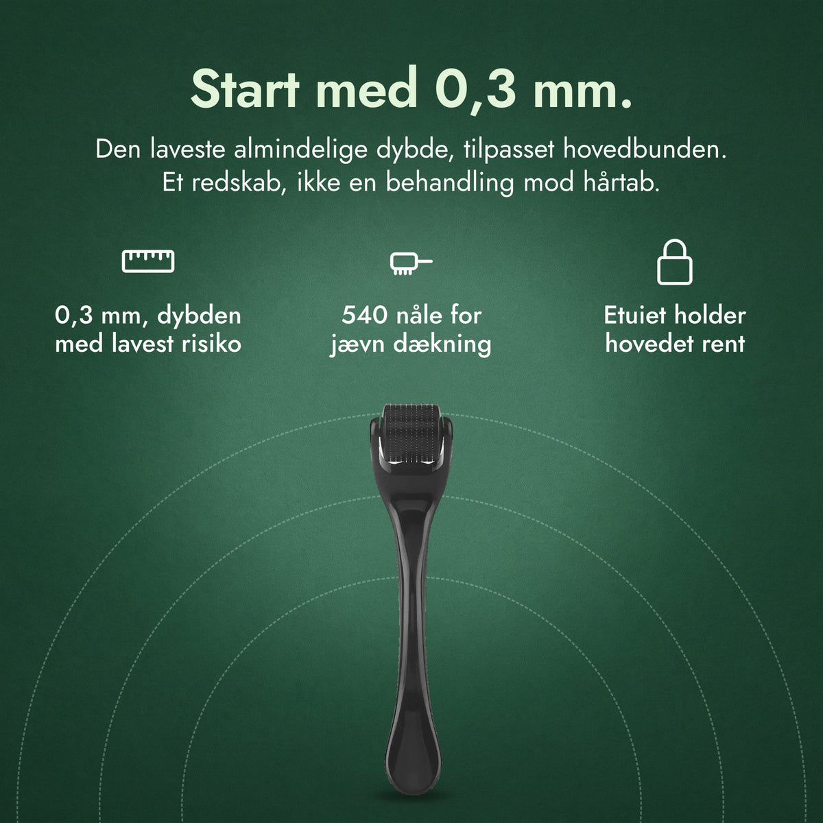 Dermaroller 540 nåle, 0,3 mm: Start med 0,3 mm. 0,3 mm, dybden med lavest risiko, 540 nåle for jævn dækning, Etuiet holder hovedet rent