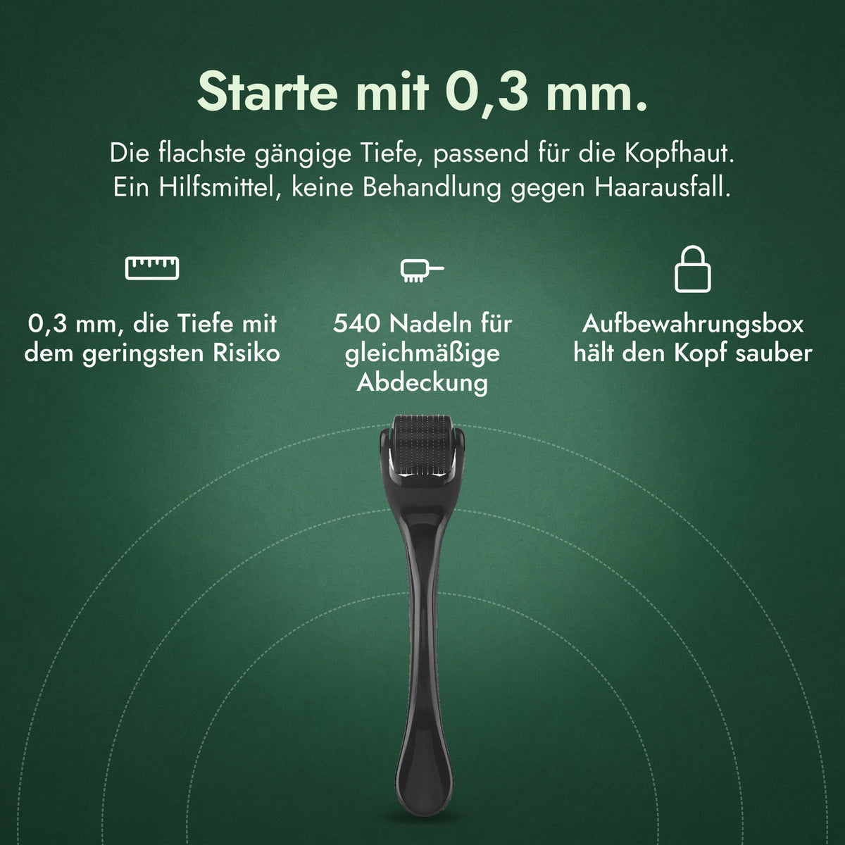 Dermaroller 540 Nadeln, 0,3 mm: Starte mit 0,3 mm. 0,3 mm, die Tiefe mit dem geringsten Risiko, 540 Nadeln für gleichmäßige Abdeckung, Aufbewahrungsbox hält den Kopf sauber