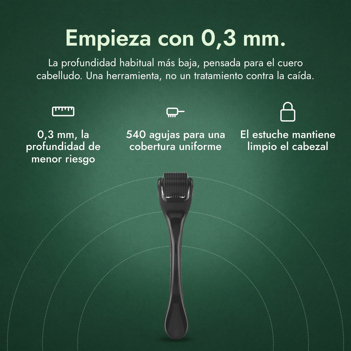 Dermaroller 540 agujas, 0,3 mm: Empieza con 0,3 mm. 0,3 mm, la profundidad de menor riesgo, 540 agujas para una cobertura uniforme, El estuche mantiene limpio el cabezal