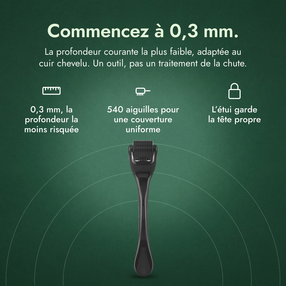 Dermaroller 540 aiguilles, 0,3 mm: Commencez à 0,3 mm. 0,3 mm, la profondeur la moins risquée, 540 aiguilles pour une couverture uniforme, L’étui garde la tête propre
