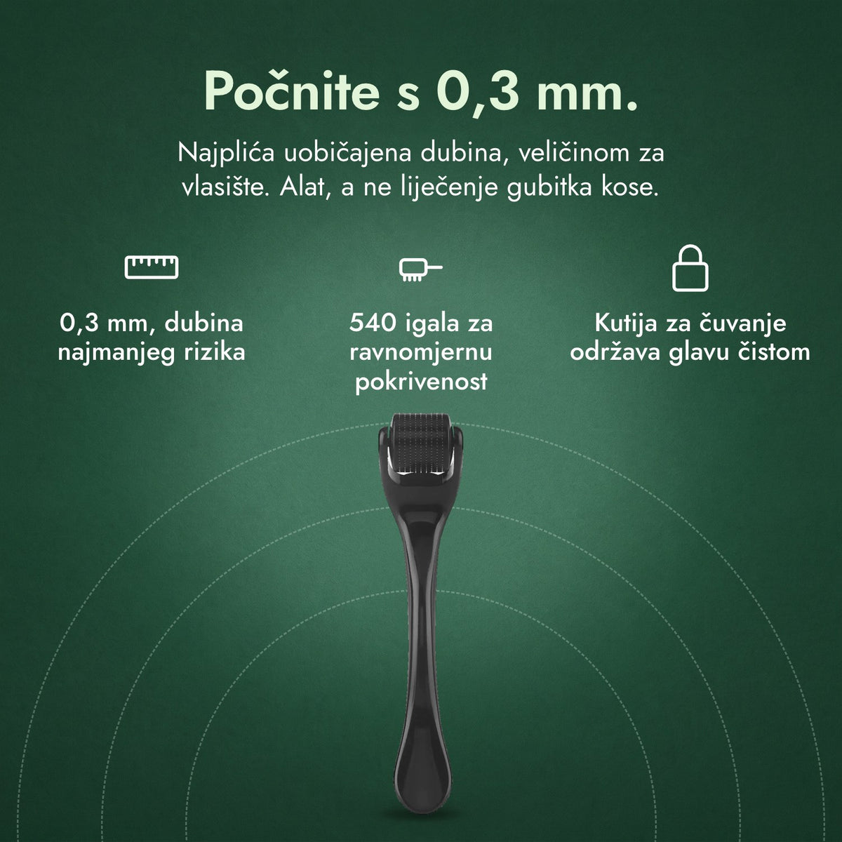 Dermaroller 540 igala, 0,3 mm: Počnite s 0,3 mm. 0,3 mm, dubina najmanjeg rizika, 540 igala za ravnomjernu pokrivenost, Kutija za čuvanje održava glavu čistom