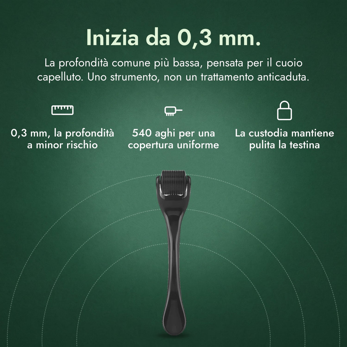 Dermaroller 540 aghi, 0,3 mm: Inizia da 0,3 mm. 0,3 mm, la profondità a minor rischio, 540 aghi per una copertura uniforme, La custodia mantiene pulita la testina