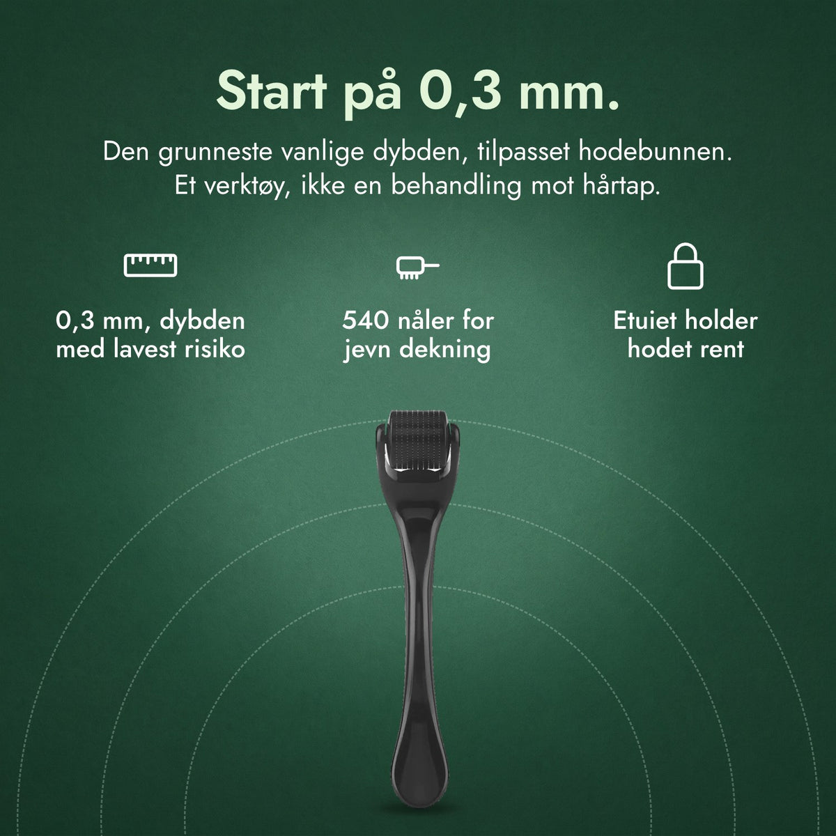 Dermaroller 540 nåler, 0,3 mm: Start på 0,3 mm. 0,3 mm, dybden med lavest risiko, 540 nåler for jevn dekning, Etuiet holder hodet rent