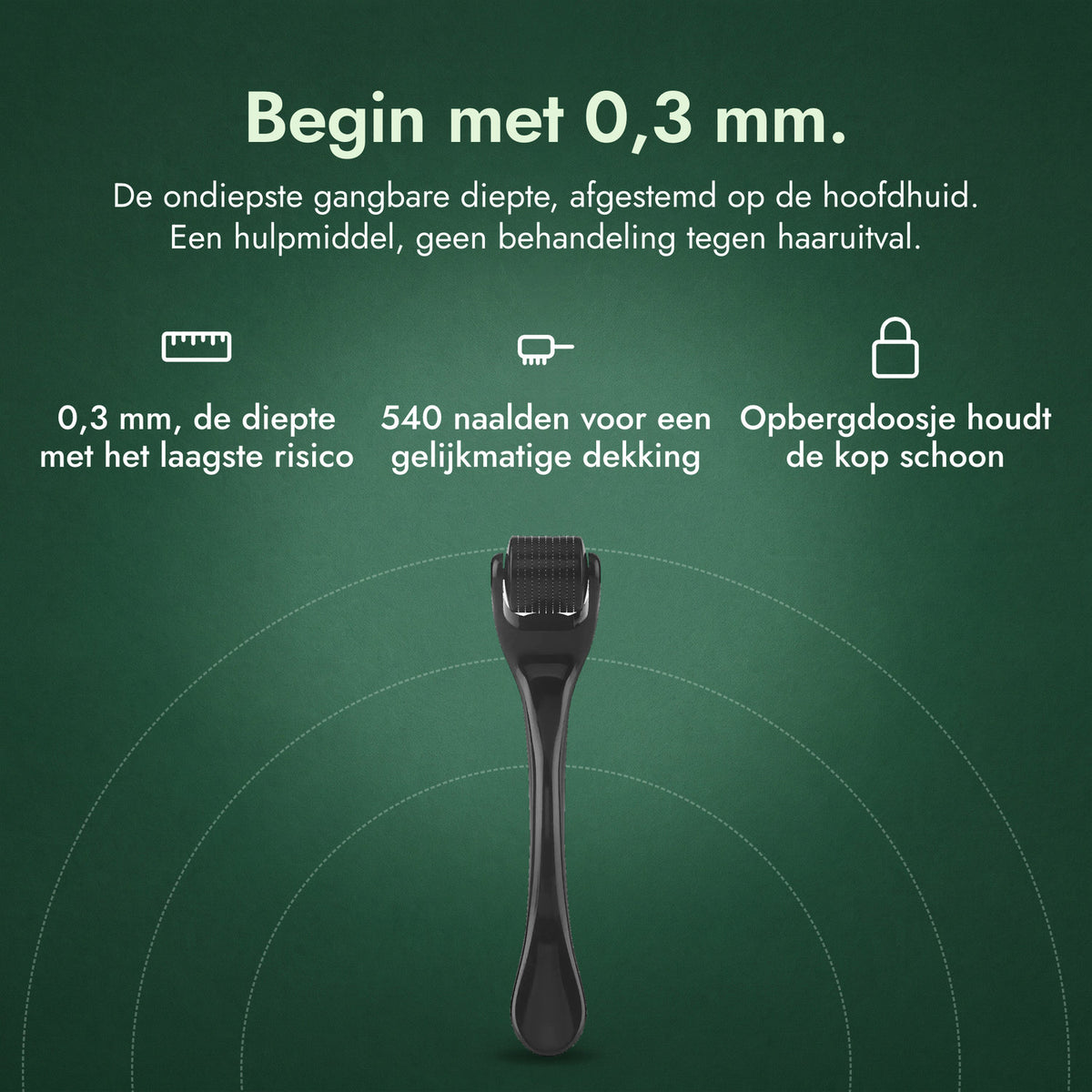 Dermaroller 540 naalden, 0,3 mm: Begin met 0,3 mm. 0,3 mm, de diepte met het laagste risico, 540 naalden voor een gelijkmatige dekking, Opbergdoosje houdt de kop schoon