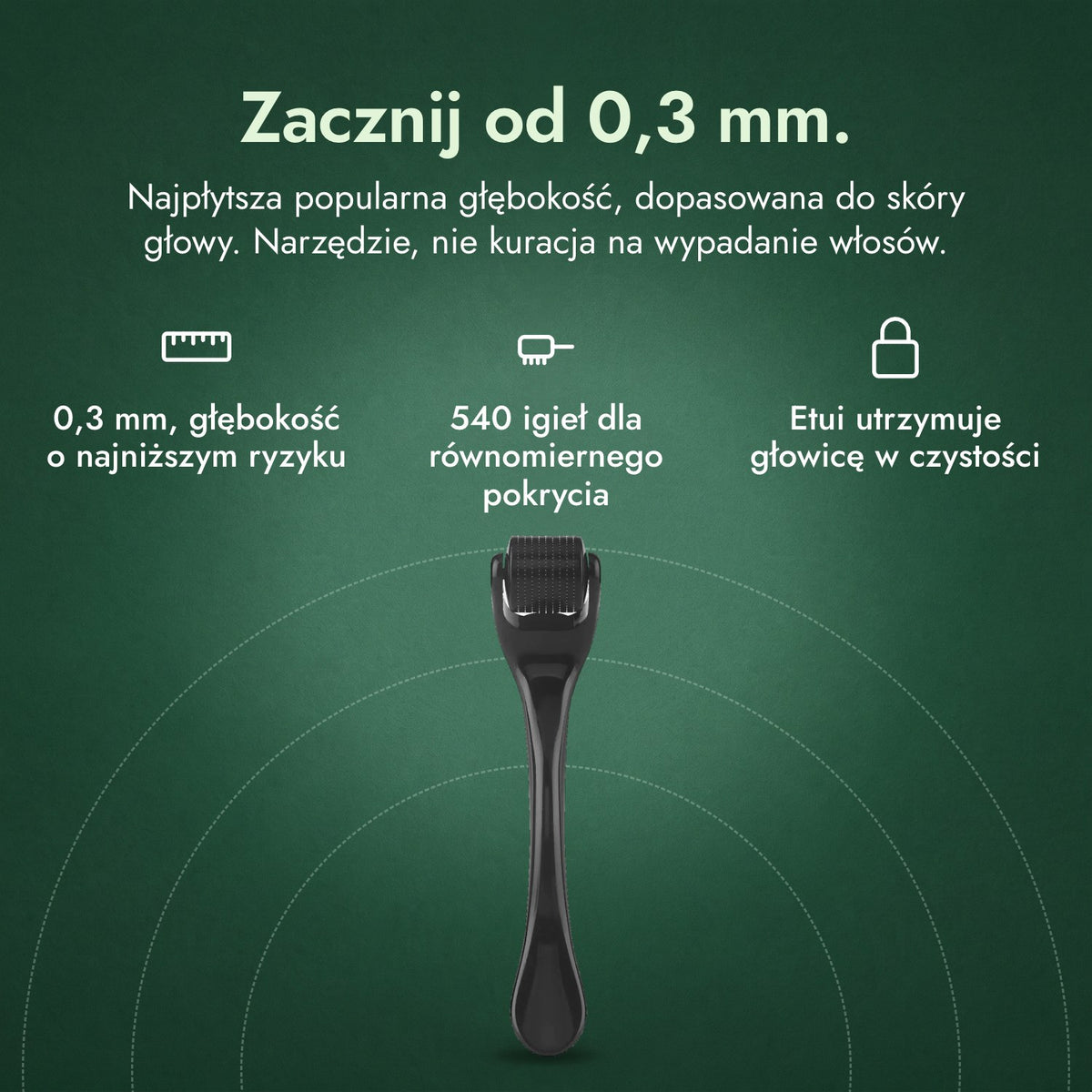 Dermaroller 540 igieł, 0,3 mm: Zacznij od 0,3 mm. 0,3 mm, głębokość o najniższym ryzyku, 540 igieł dla równomiernego pokrycia, Etui utrzymuje głowicę w czystości