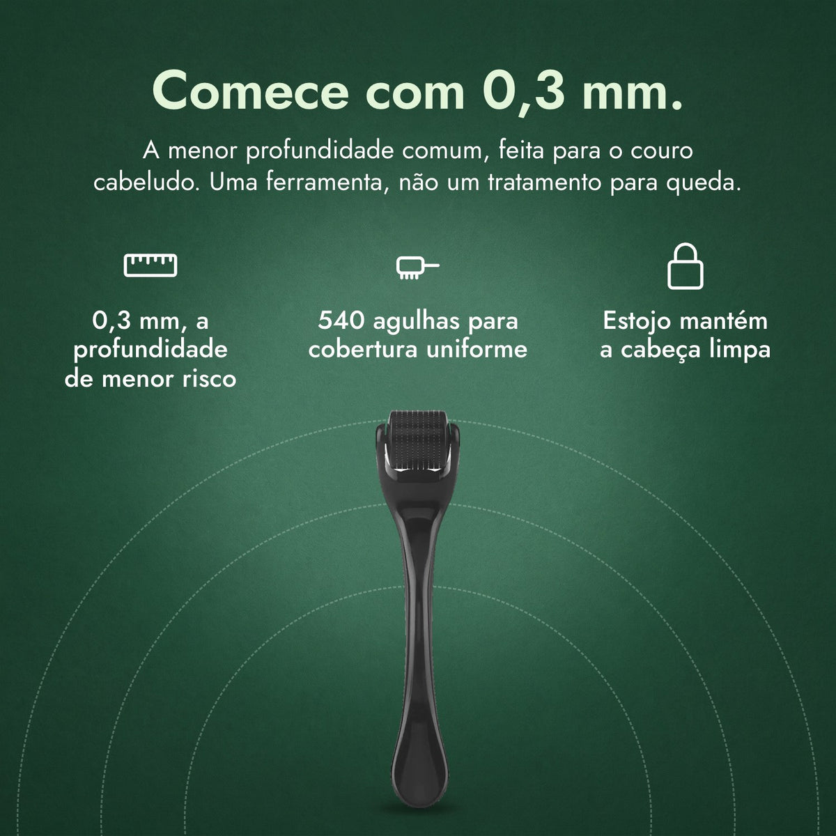 Dermaroller 540 agulhas, 0,3 mm: Comece com 0,3 mm. 0,3 mm, a profundidade de menor risco, 540 agulhas para cobertura uniforme, Estojo mantém a cabeça limpa