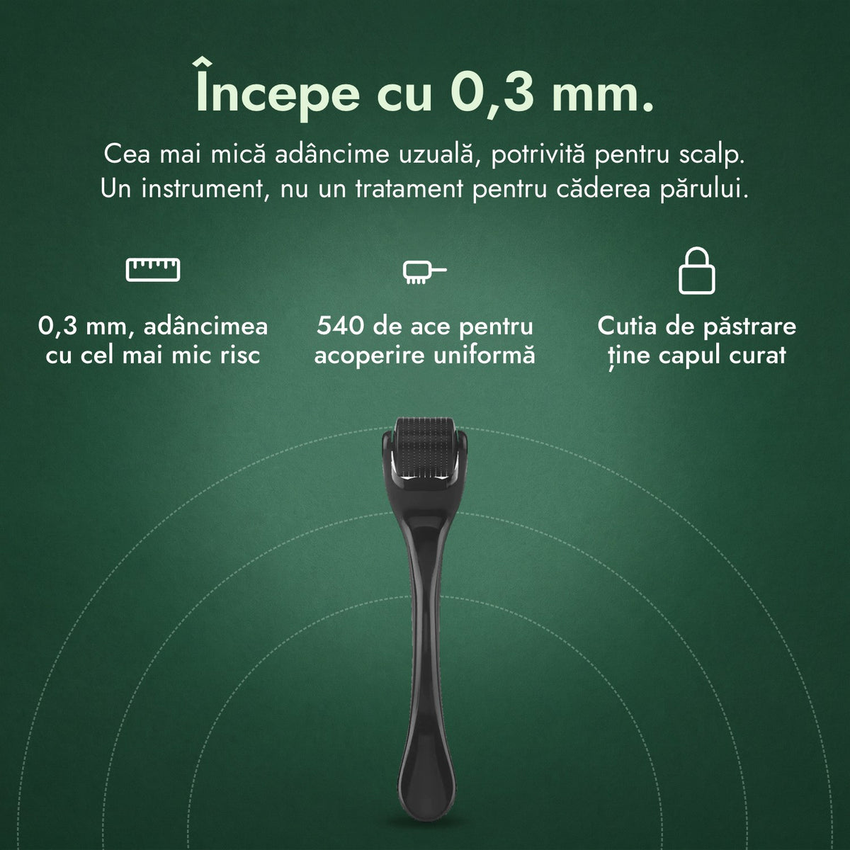 Dermaroller 540 de ace, 0,3 mm: Începe cu 0,3 mm. 0,3 mm, adâncimea cu cel mai mic risc, 540 de ace pentru acoperire uniformă, Cutia de păstrare ține capul curat