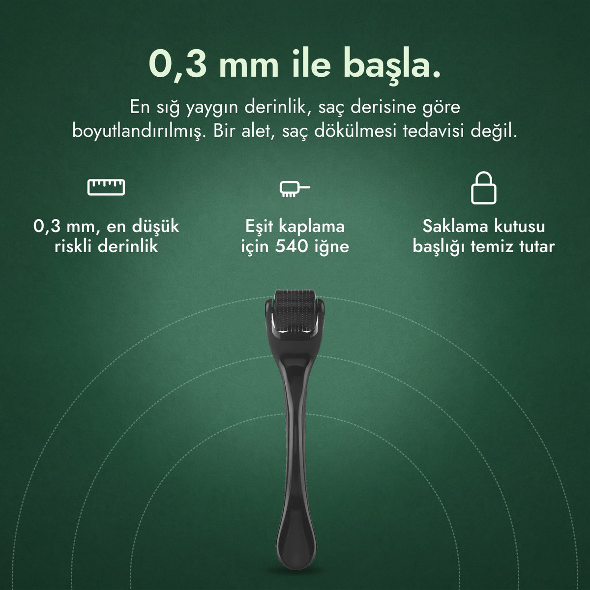 Dermaroller 540 iğne, 0,3 mm: 0,3 mm ile başla. 0,3 mm, en düşük riskli derinlik, Eşit kaplama için 540 iğne, Saklama kutusu başlığı temiz tutar