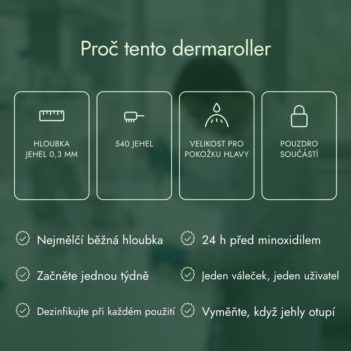 Proč tento dermaroller: Hloubka jehel 0,3 mm, 540 jehel, Velikost pro pokožku hlavy, Pouzdro součástí
