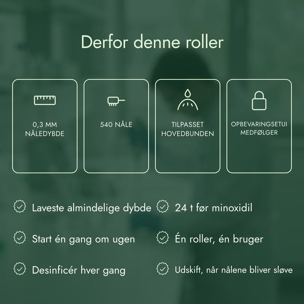 Derfor denne roller: 0,3 mm nåledybde, 540 nåle, Tilpasset hovedbunden, Opbevaringsetui medfølger