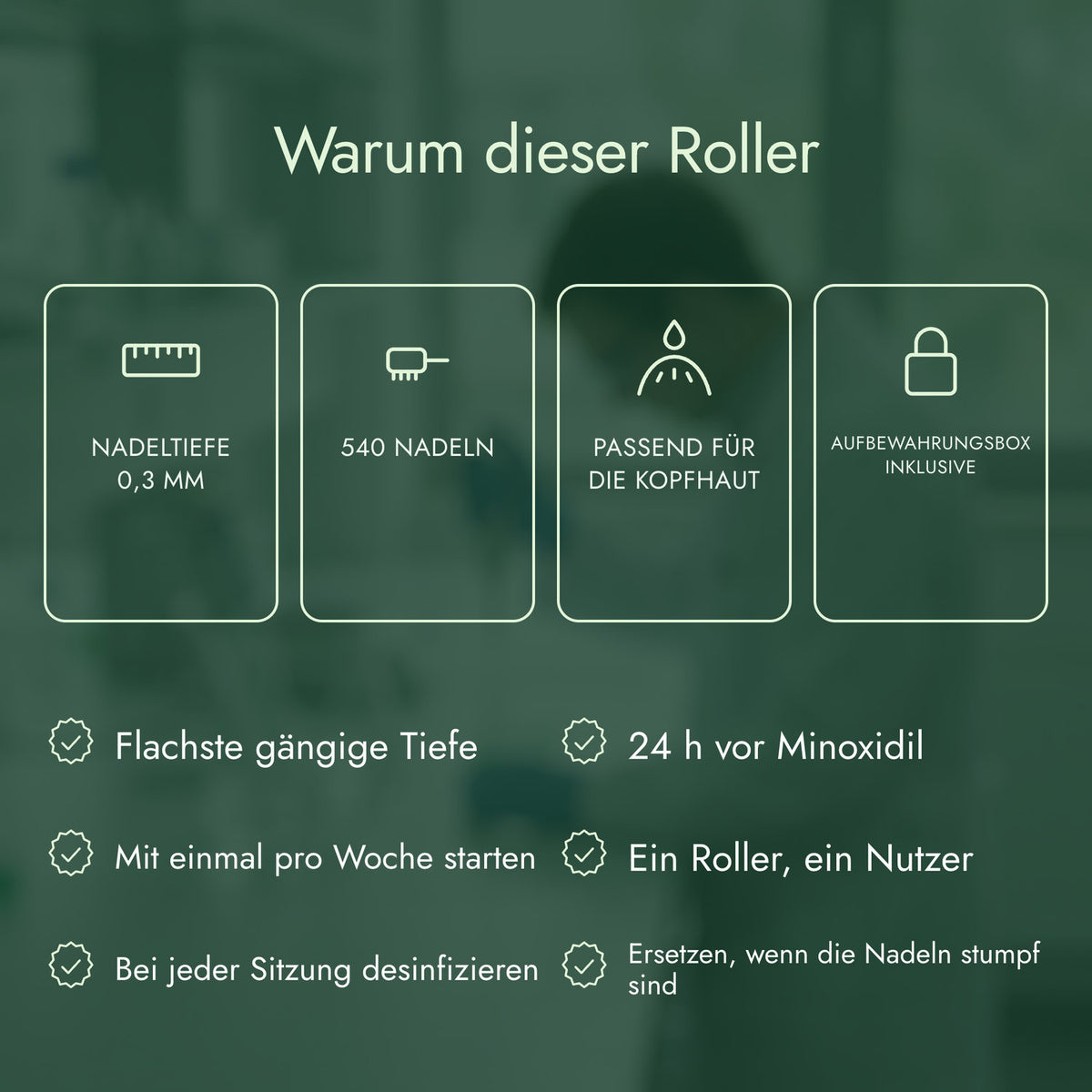 Warum dieser Roller: Nadeltiefe 0,3 mm, 540 Nadeln, Passend für die Kopfhaut, Aufbewahrungsbox inklusive